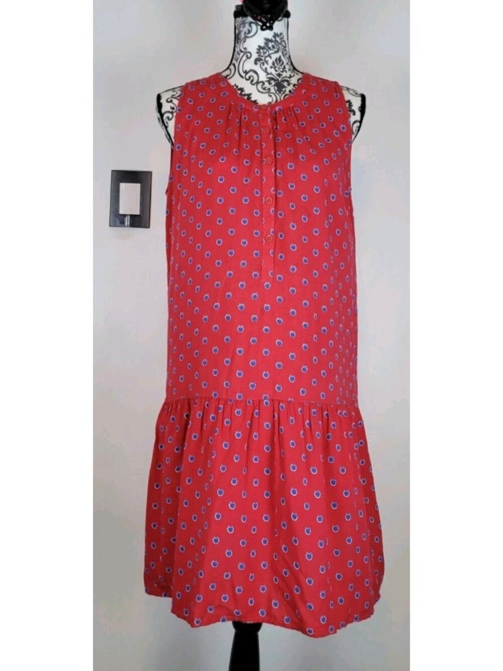 Beach Lunch Lounge Coley Red Apple Print Tiered Shift Dress Sleeveless Viscose S